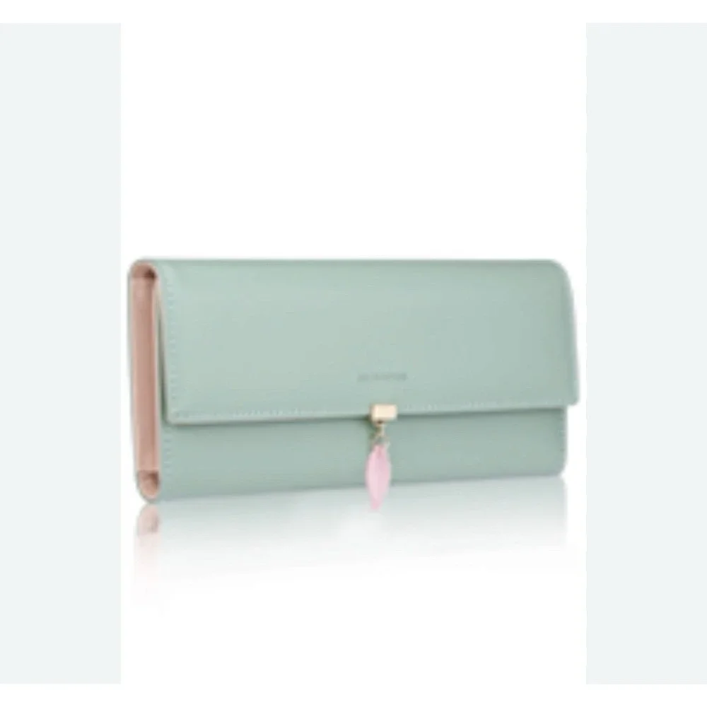 FT Funtor Matcha Green‎ Tri-fold ID Wallet Leaf Charm Card Holder Coin Pocket